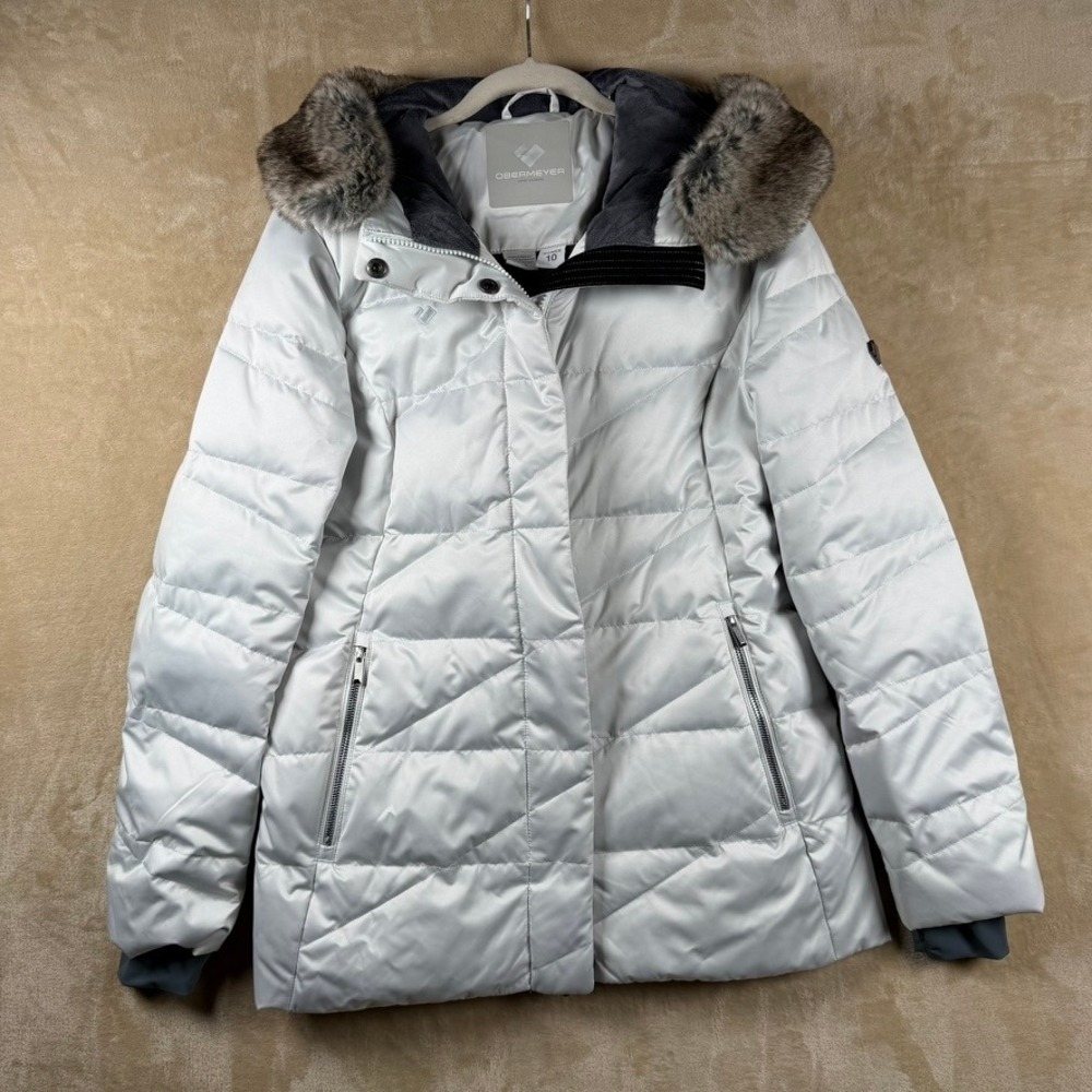 Obermeyer Women White Down Puffer Ski Jacket Faux Fur Hood Size 10